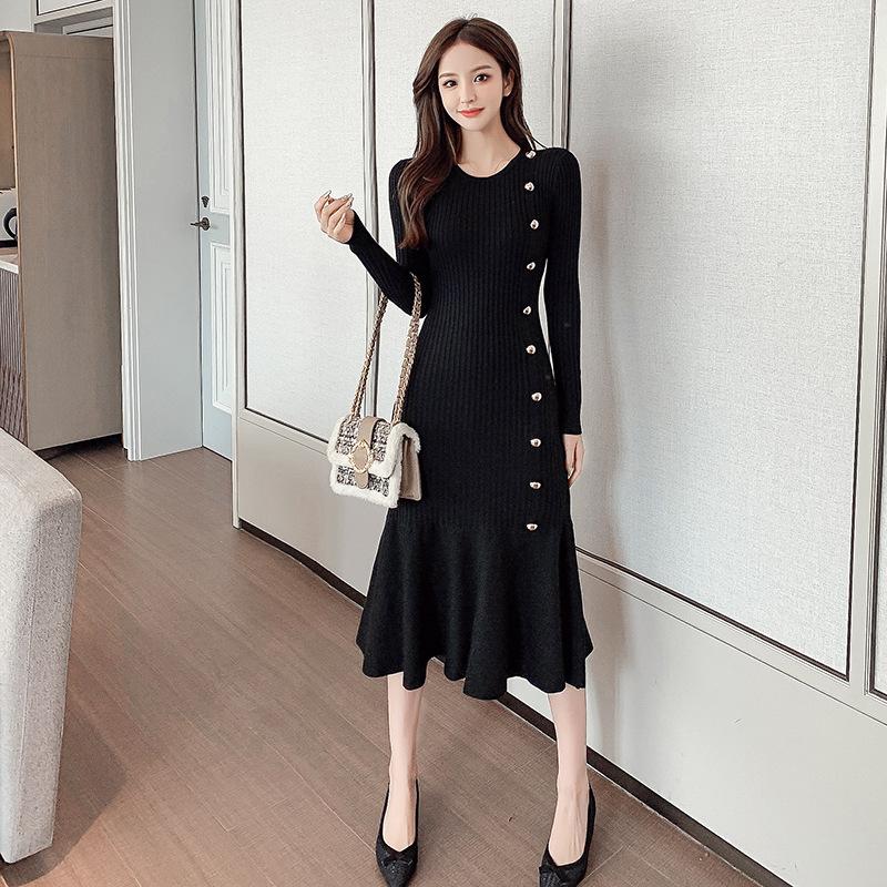 Осеннее женское платье-хепберн с круглым вырезом и талией, трикотажное платье-рыбий хвост