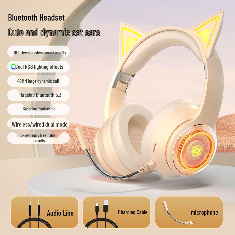 Светящиеся беспроводные Bluetooth накладные наушники с кошачьими ушками 2025 - Игровые и спортивные, Тяжелый бас, Совместимы с мобильными устройствами и ПК