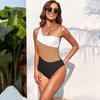 Women Summer Monokini One Piece Color Matching One Shoulder Skinny Elastic Soft Breathable Quick Dry Swimsuit Beachwear Bathing Suit