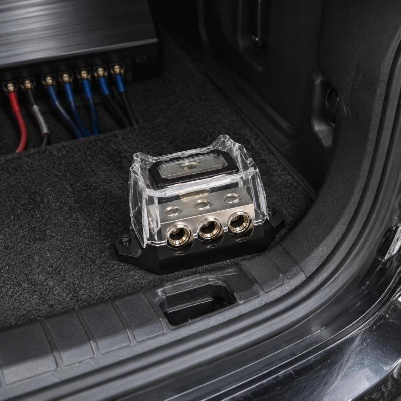 Vehicle Ground Terminal Block Metal Housing with Clear Cover for Amplifier Ground Cable Layout and Wiring Projects