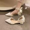 Босоножки Баотоу женские средний каблук 2025 лето новые французский жемчужный бант толстый каблук острый носок вечерние туфли-лодочки на высоком каблуке