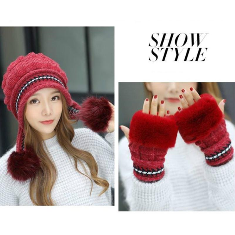 Модные тканые вязаные перчатки, сохраняющие тепло, зимняя утепленная меховая шапка для защиты ушей