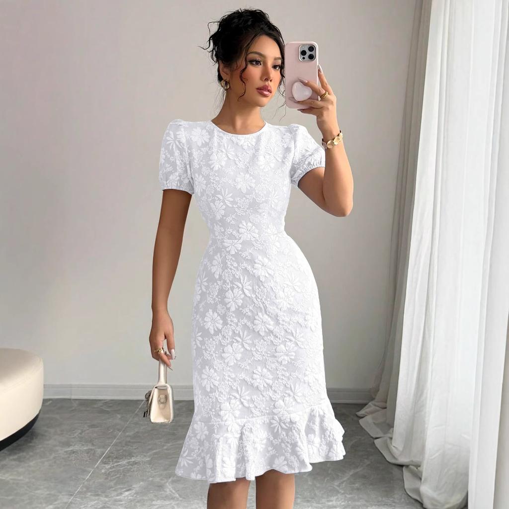 2026 summer new French blue floral bubble sleeves waist and thin temperament dress