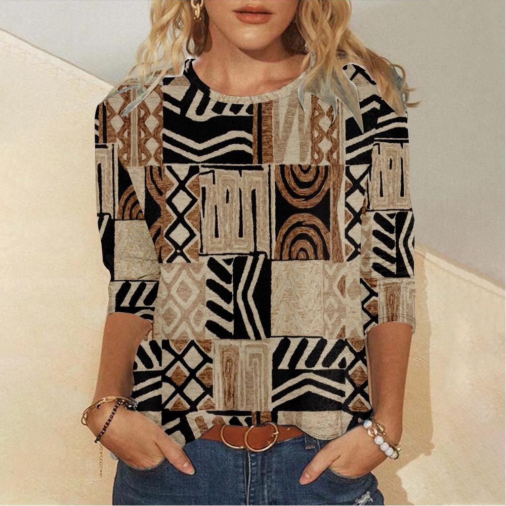 Round Neck 3D Ethnic Geometric Pattern Printed Top Fashionable Casual Long Sleeved Women's T-shirts