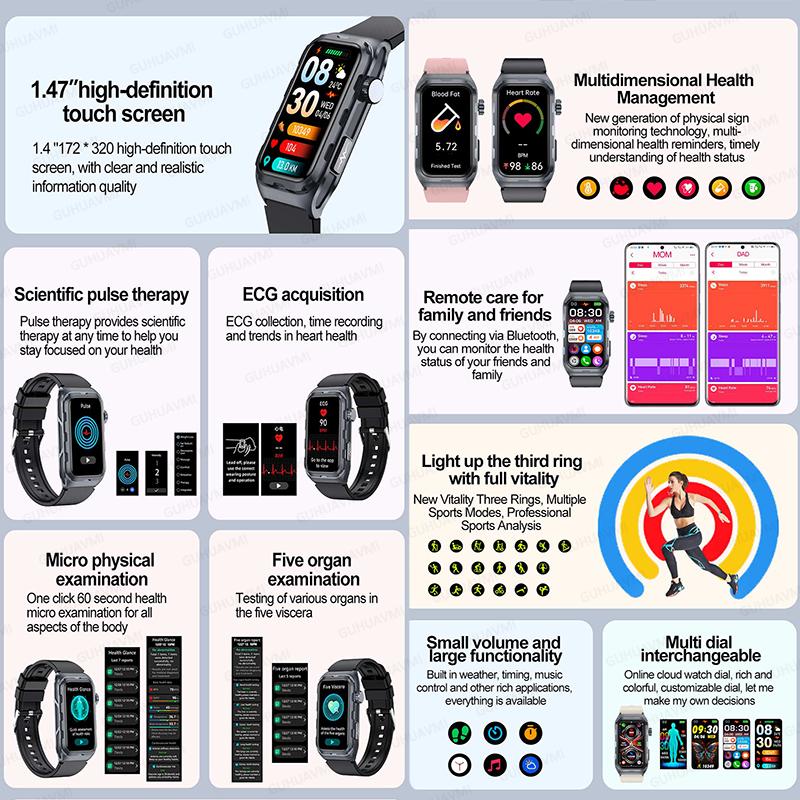 2025 Новые Пульсовая Терапия Микро Физическое Обследование Умные Часы Мужские ЭКГ+ФПГ Кислород в крови Жир в крови Кровяное Давление Браслет Здоровья