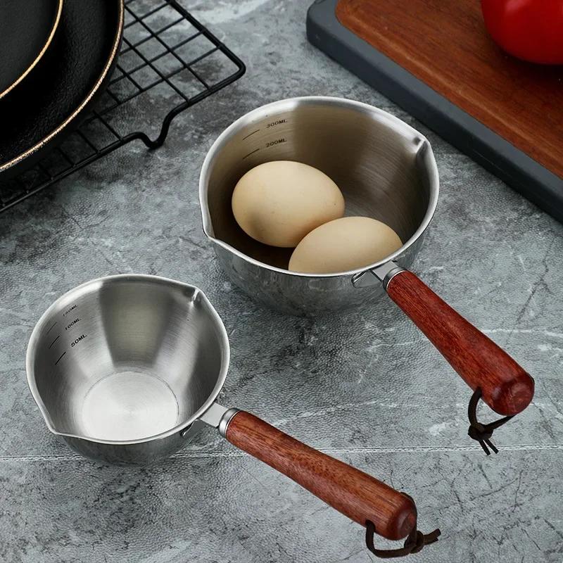 304 Stainless Steel Mini Milk Pot Skillet Wooden Handle Steel Handle Oil Pouring Pan with Scale Butter Melting Pan Kitchen Tool