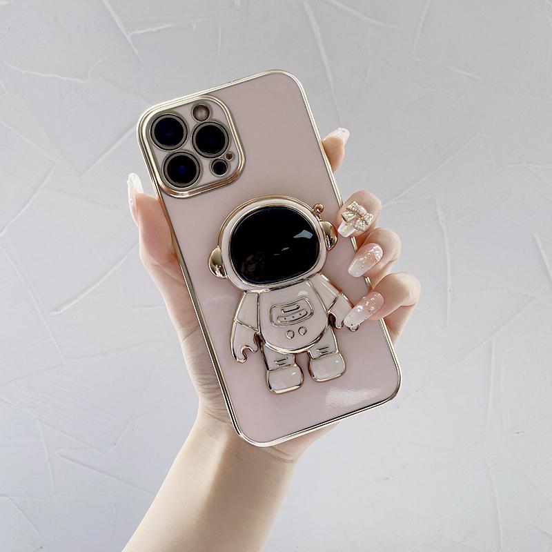 Suitable for iPhone Samsung Huawei Honor Infinix OnePlus OPPO Realme Xiaomi Redmi Vivo Cartoon Astronaut Folding Bracket Soft Plating TPU Phone Case