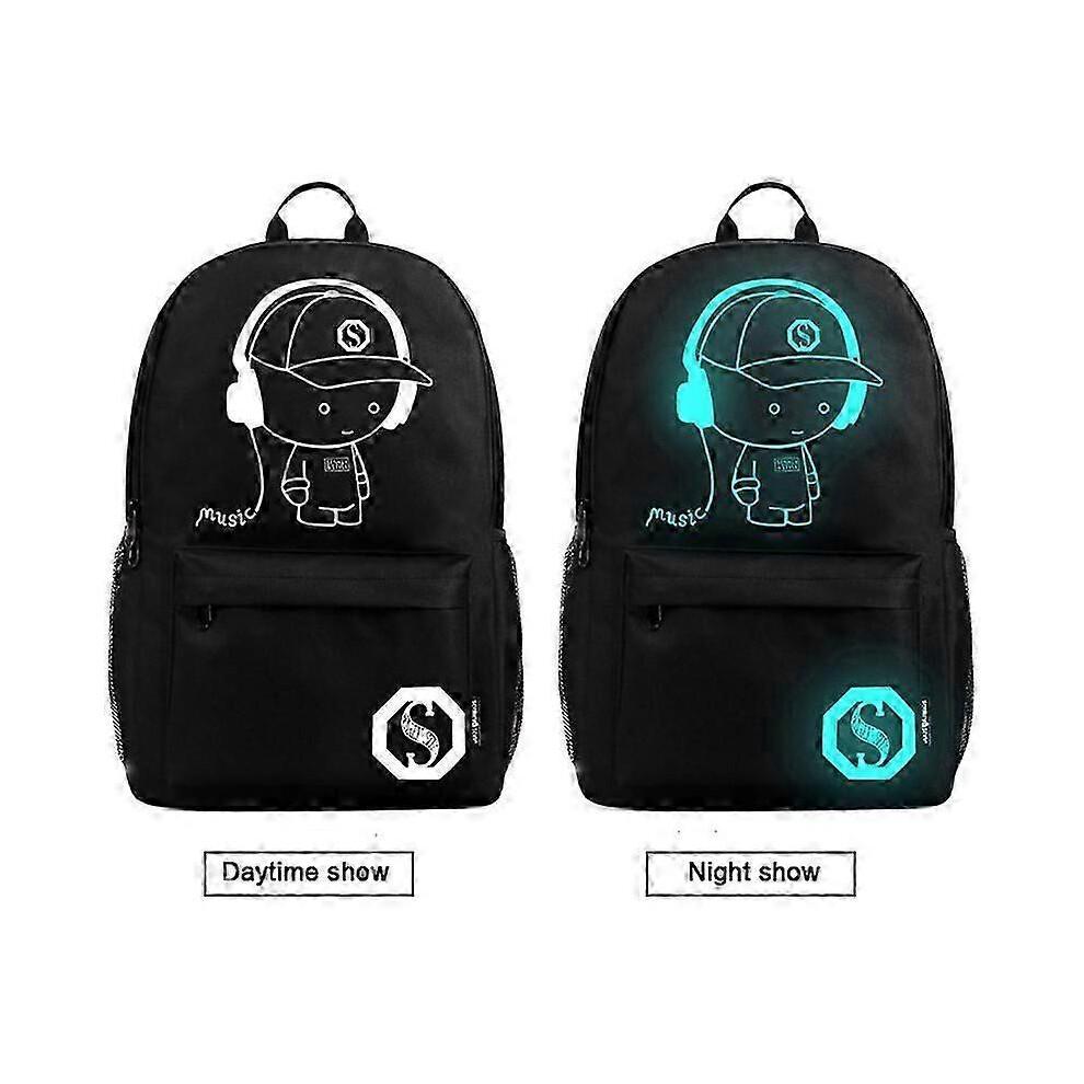 (L USB music black) Unisex USB Charge Luminous School Bag For Teenagers Music Devil Cartoon Men's Backpack Student Book Bag Pack For Boys Girl Women