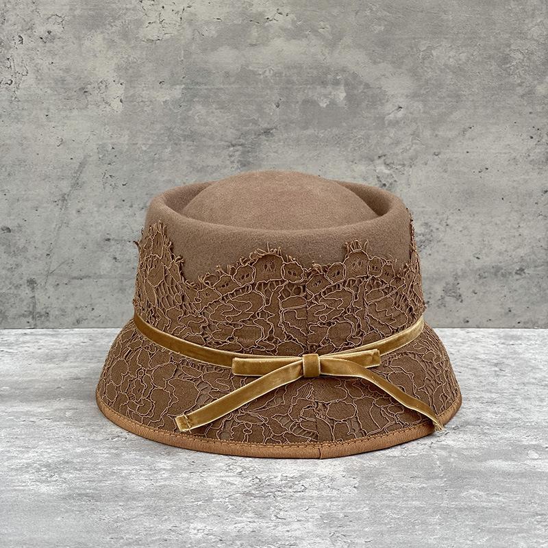Японская Ретро Элегантная Кружевная Вогнутая Верхняя Часть Звездный Стиль Шерстяная Шляпа-Ведро Женская Шляпа с Короткими Полями Шляпа-Котелок Фетровая Шляпа