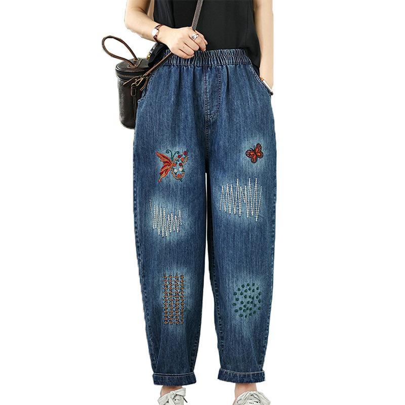 Fashion Embroidery High Waist Harem Pants Women Vintage Streetwear Denim Pants Female Casual Pocket Woman Jeans Pants 2025