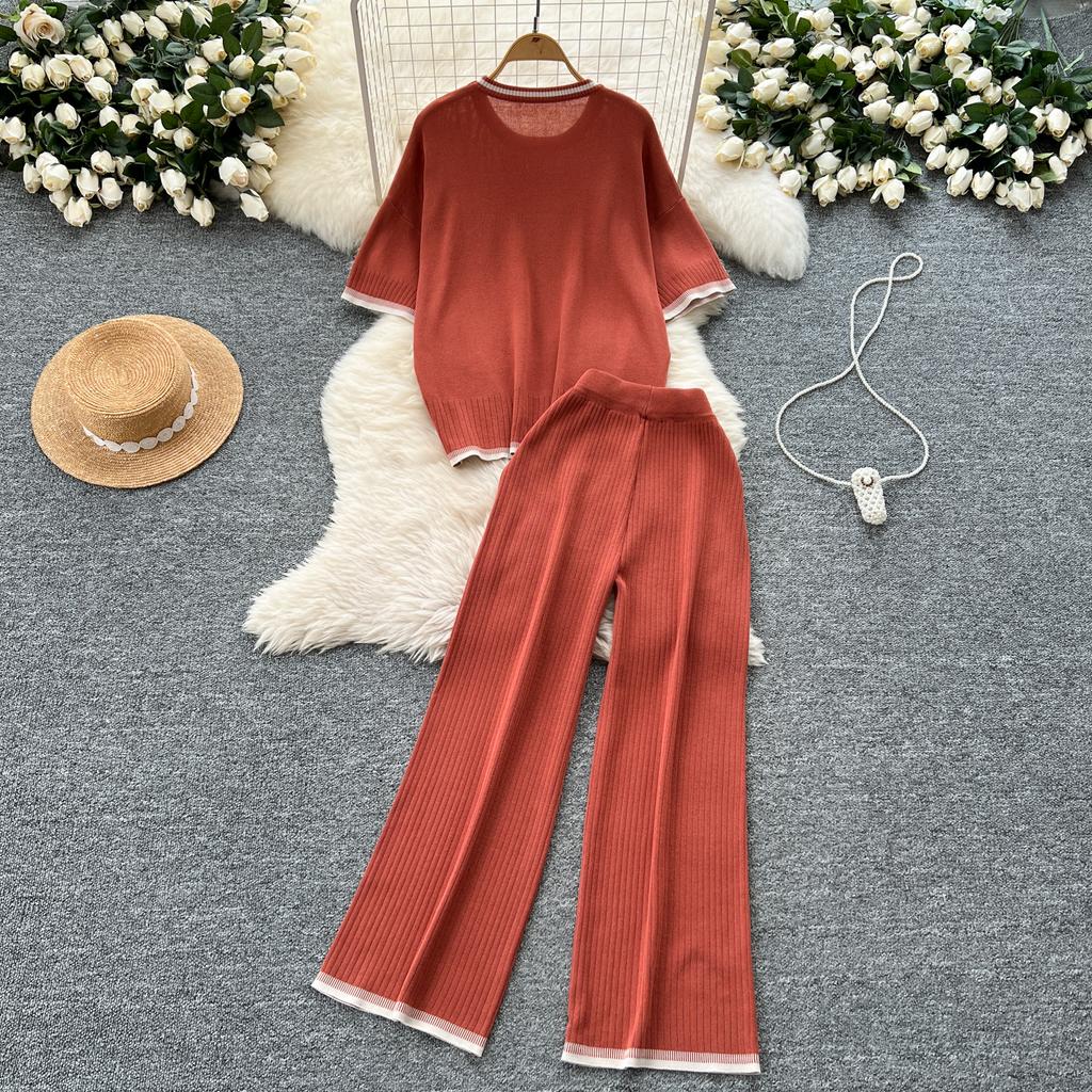 Летний женский трикотажный свитер, брюки, комплект из двух предметов, женский свитер с коротким рукавом, топ и брюки длиной до щиколотки, спортивный костюм