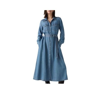 Levis Удобное Универсальное Платье с Острым Воротником Однотонное Длинный Рукав Женские платья 004H3-0000