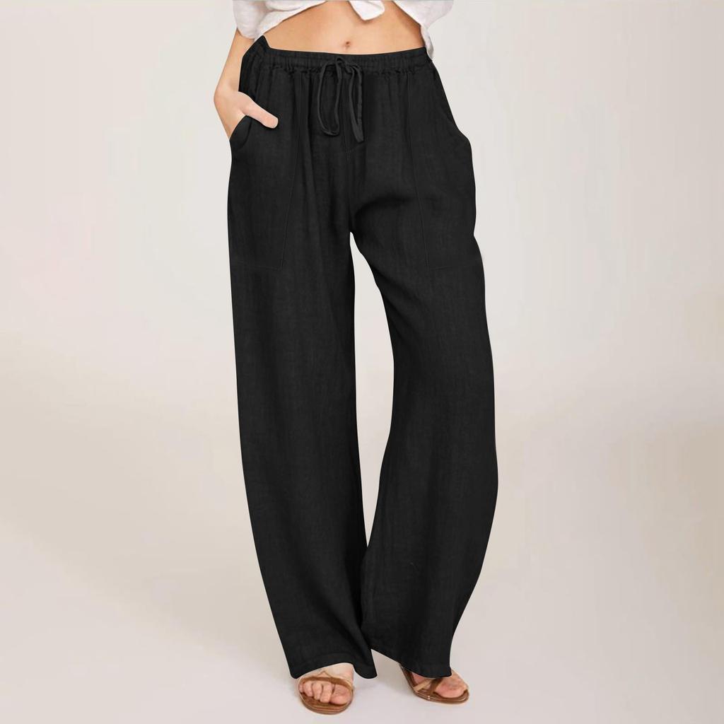 Женские летние свободные брюки из хлопка и льна с эластичным поясом и внешним карманом