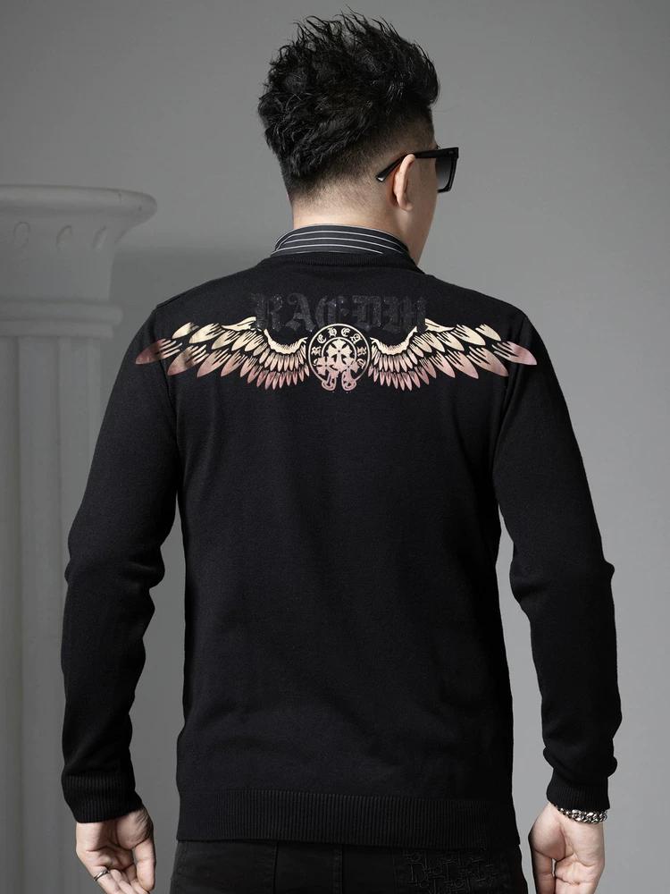 European-Style Round-Neck Sweater for Men, Faux Two-Piece, 2025 New Autumn and Winter Trendy Brand, Gold-Stamped, Warm Knit Base Shirt for Men