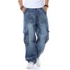 Men's Loose-Fit Long-Length Fashion Jeans with Multiple Pockets Relaxed Straight-Leg Men's Casual Hip-Hop Pants