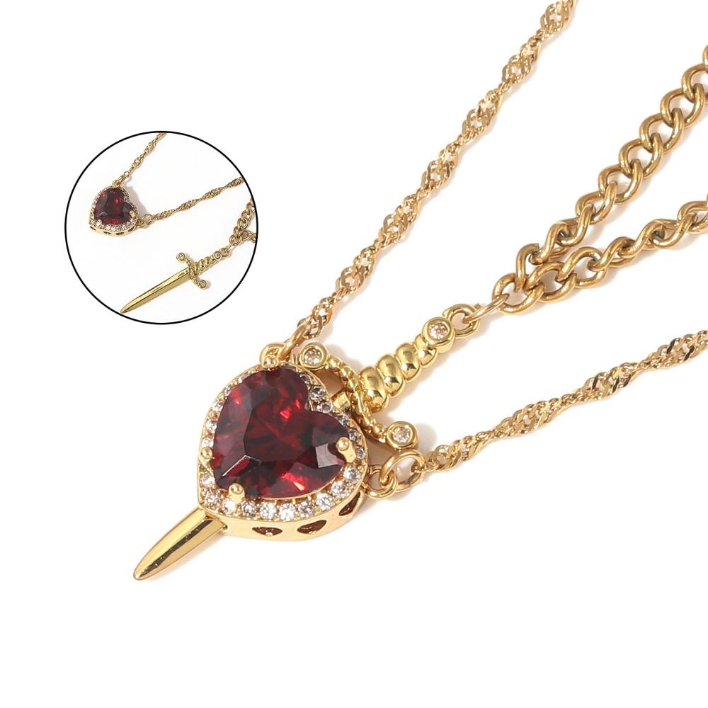 New Geometry Zircon Sword Heart Pendant Double layer Necklace Women's Trendy Fashionable Versatile Sweet Exquisite Jewelry Gift