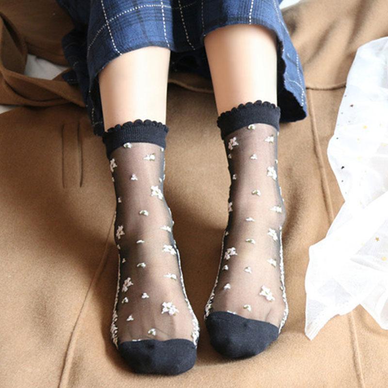 Women's Elastic Cotton Socks Transparent Floral Summer Thin Sheer Non-slip