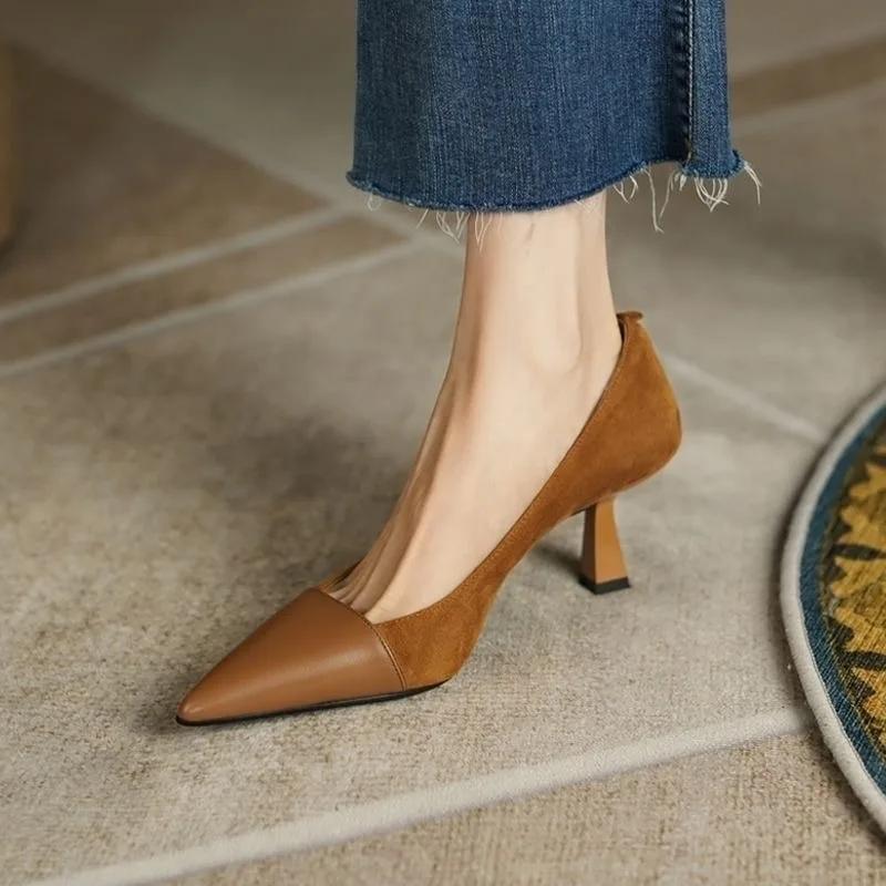 Fashion Sexy Pointed Toe Women Shoes 2024 Korean Style Fashion Apricot Black Color Block Women's High Heels Summer Elegant Dress Shoes