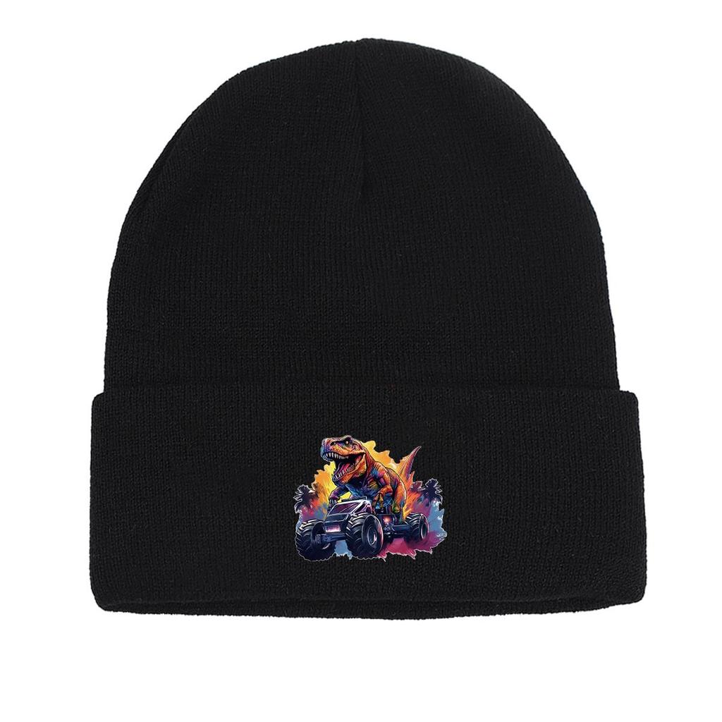 Monster Truck Dinosaur Print Knit Hat Beanie, Animal Skull Cap Stretchy Elastic Stylish Pompom Beanies Knitted Cap Beanie