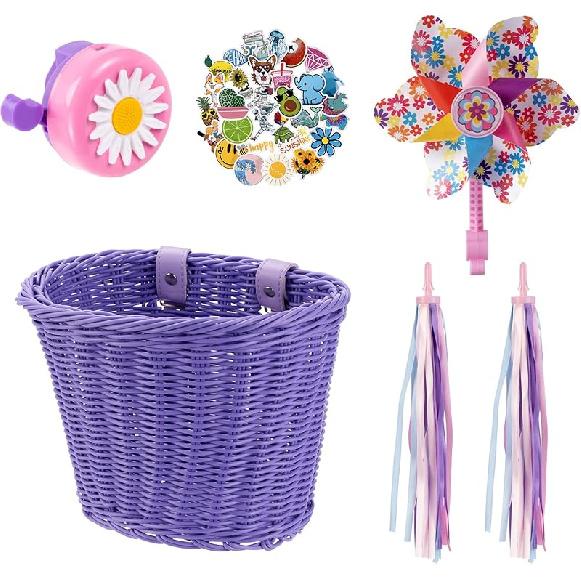 Детская корзина для велосипеда, Передняя корзина для велосипеда, Аксессуары для велосипеда для девочек и мальчиков, Плетеная корзина для велосипеда с наклейками, Велосипедный звонок, Ветряк и 1 пара цветных