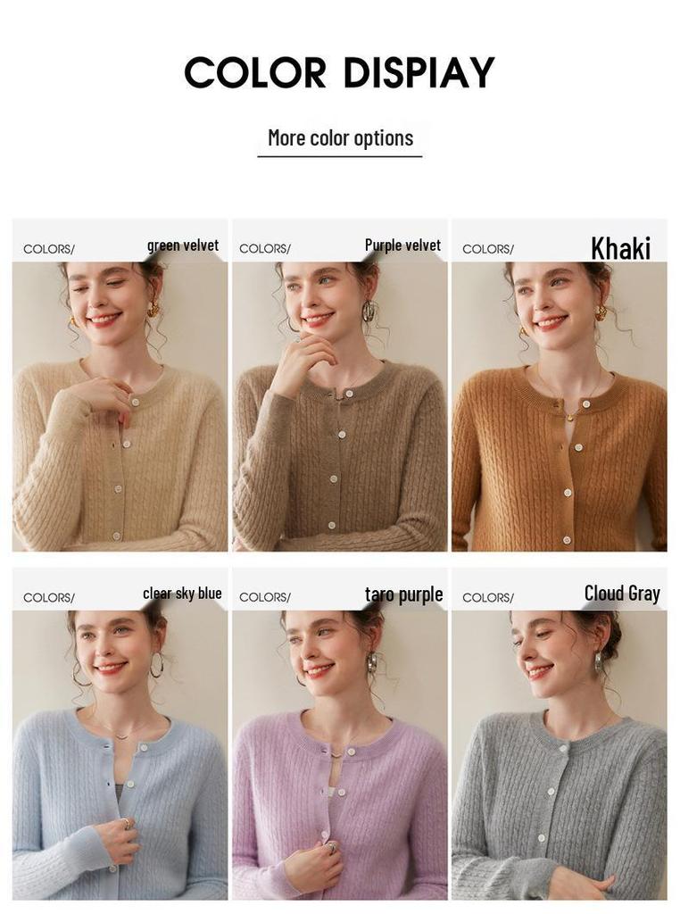 Women's Cashmere Cable Knit Round Neck Cardigan - Autumn Winter Versatile Base Layer Sweater Coat