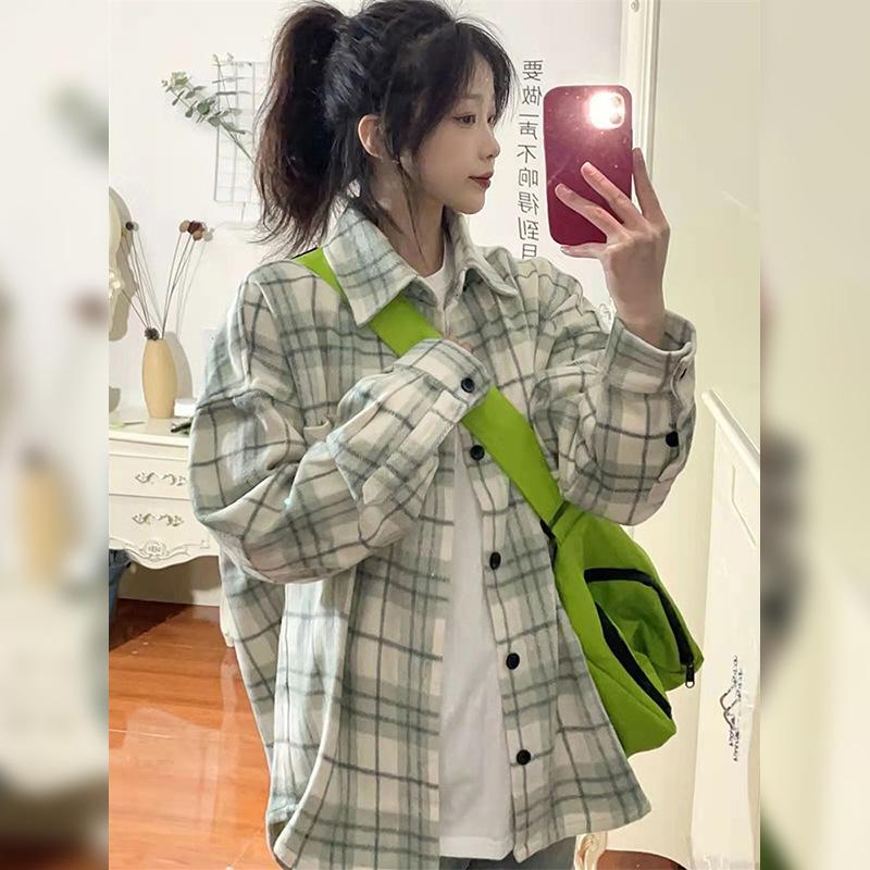 1116 new plaid shirt women's French long-sleeved top design sense niche lazy jacket shirt spring and autumn