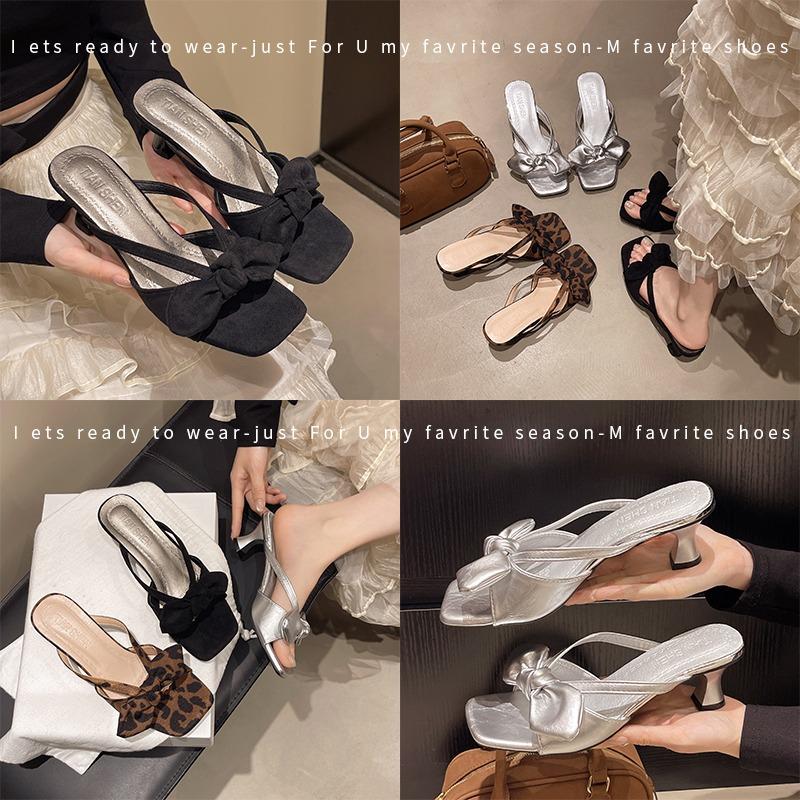 Мода 2025 Лето Женские Шлепанцы на Толстом Каблуке Модные Туфли с Открытым Носком и Бантом-Бабочкой Женские Повседневные Платье Уличный Стиль Слайды