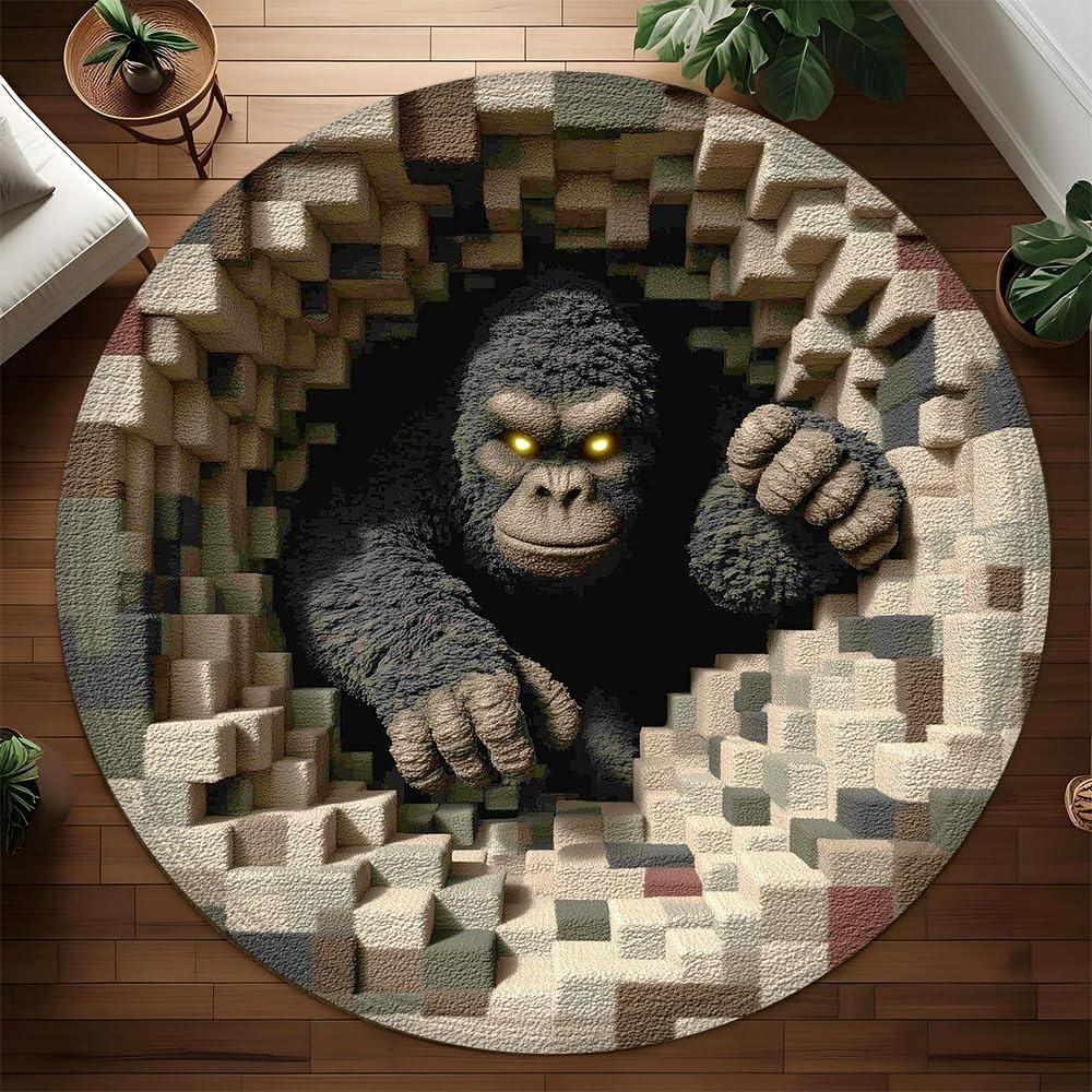 2D Jungle Gorilla Round Rug Poly Forest Tunnel Gorilla Circular Rug Fantasy Wildlife Decor Non-Slip Floor Mat for Living Room