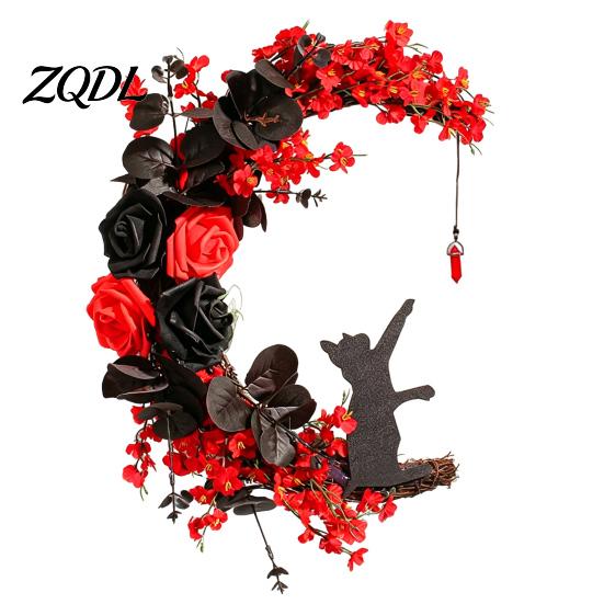 Decorative Moon Shape Wreath Halloween Black Cat Half Wreath, Artificial Roses Berries Crescent Grapevine Autumn Home Wall Decor Spooky Gothic Hanging