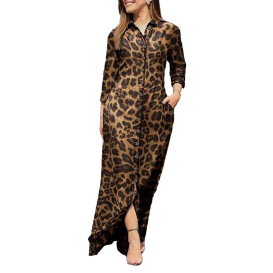Lady Dress Dress Lapel Long Sleeve Pocket Plus Size Single Breasted Maxi Dress Sexy Leopard Geometric Patchwork Print Dress