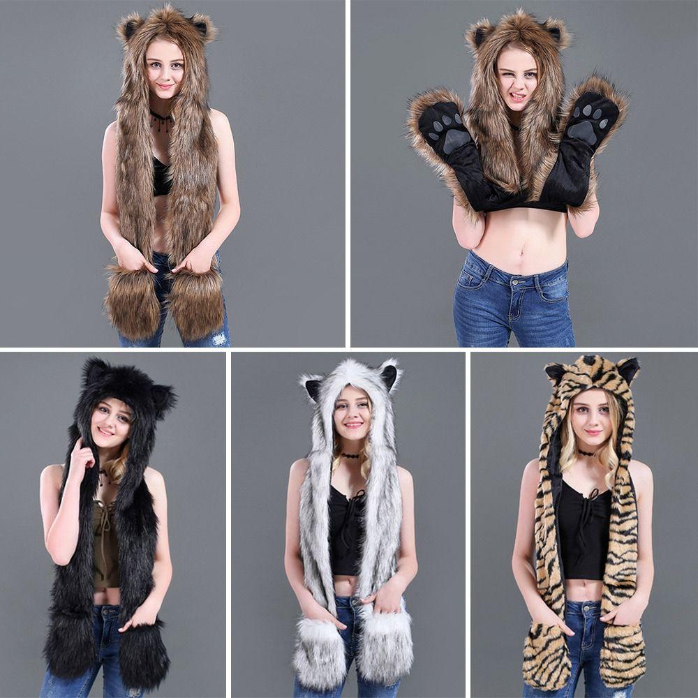 Теплая Теплая Шапка-Ушанка Животное Плюшевая Шапка-Бини Зимняя Шапка с Шарфом Перчатками для Мужчин Женщин
