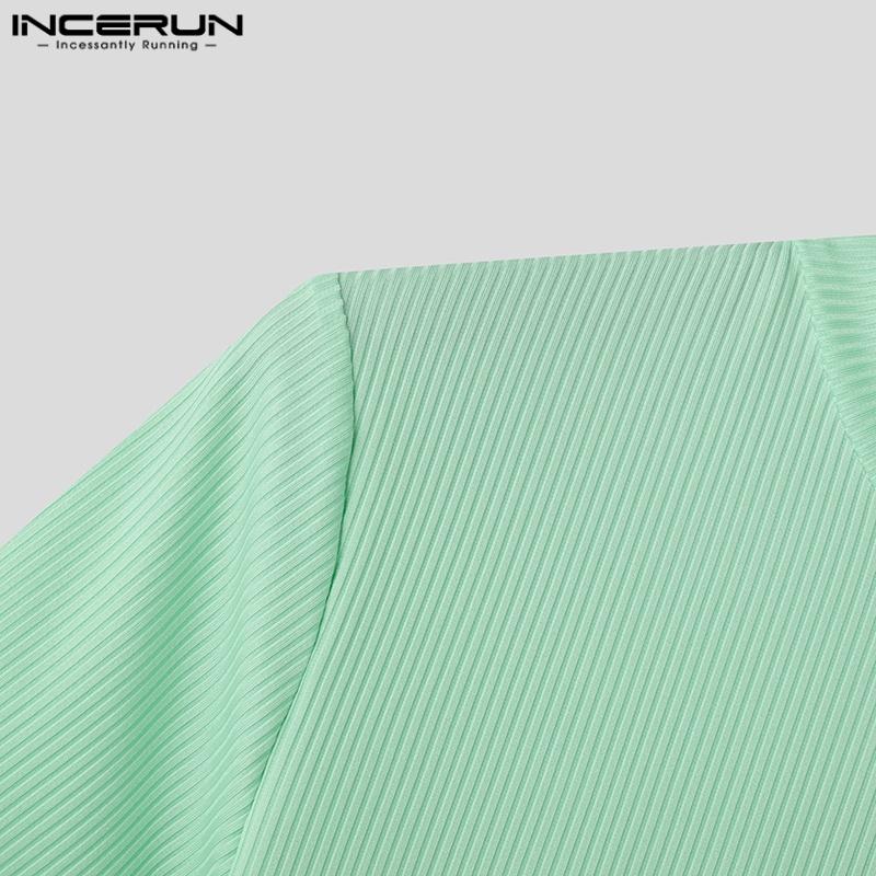 INCERUN Летние мужские футболки с высоким воротом и коротким рукавом в рубчик, облегающие повседневные футболки, топы