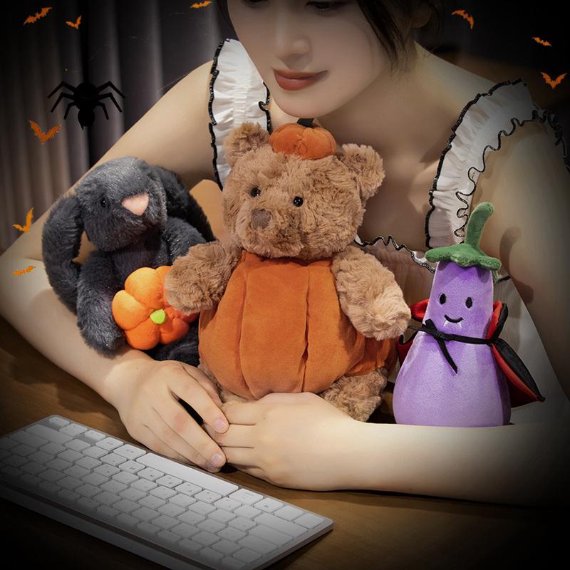 Creative Pumpkin Bear Plush Toys Soft Black Rabbit Hold Pumpkin Earphone &Cloak Eggplant Stuffed Doll Halloween Trick Or Treat