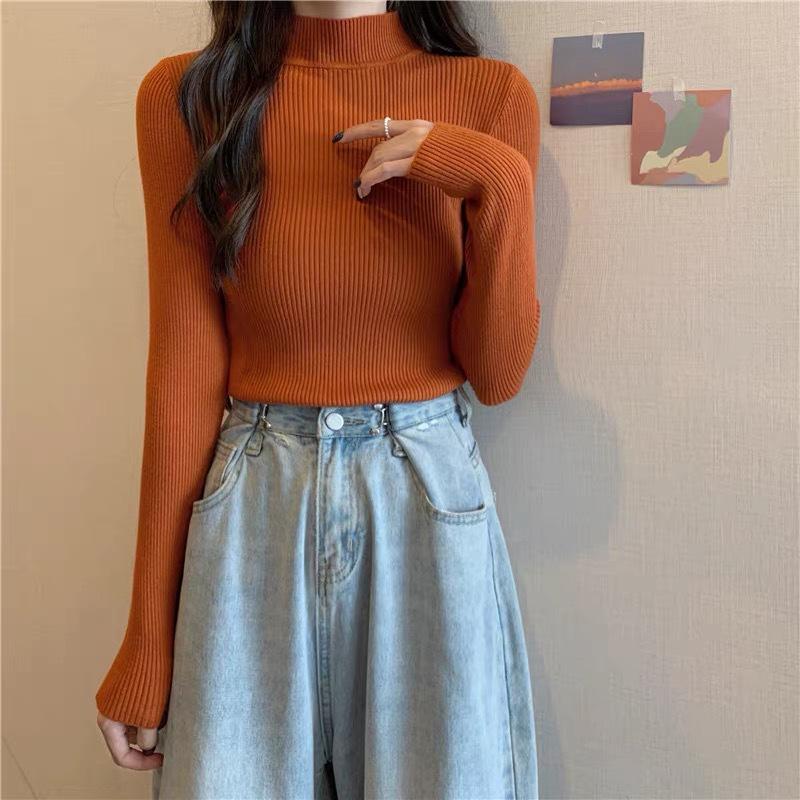 Женский стильный облегающий трикотажный свитер с полуводолазкой - длинный рукав, осенне-зимний топ