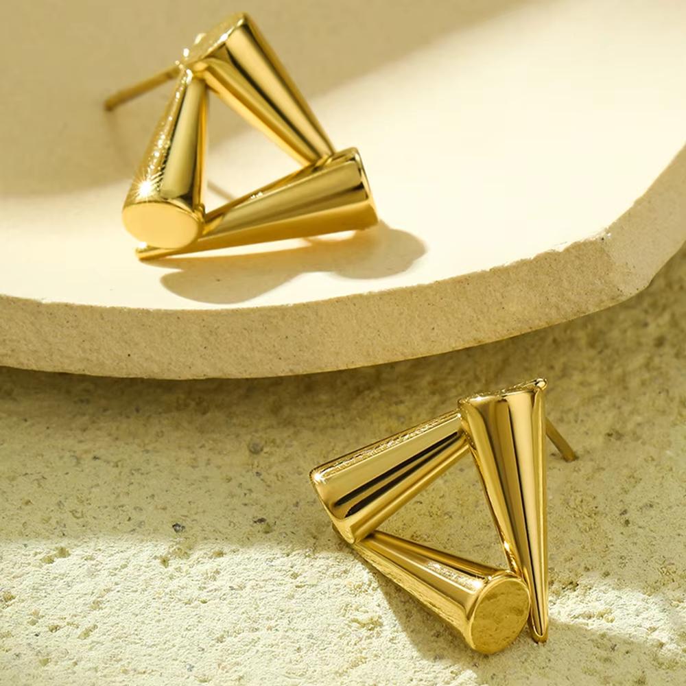 Gold Plated Titanium Steel Combined Triangular and Conical Earrings Minimalist Geometric Unique Style Fashion Jewelry for Women