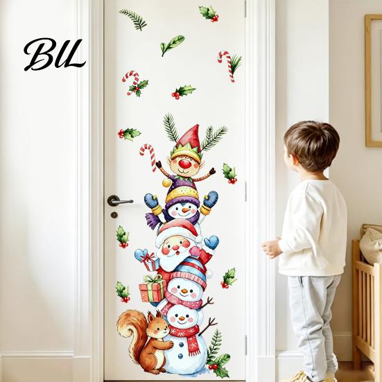 Watercolor Christmas Decor Wall Stickers with Snowman Santa Claus Elf Patterns, Peel And Stick Cartoon Decals for Windows Glass Doors, Self-Adhesive