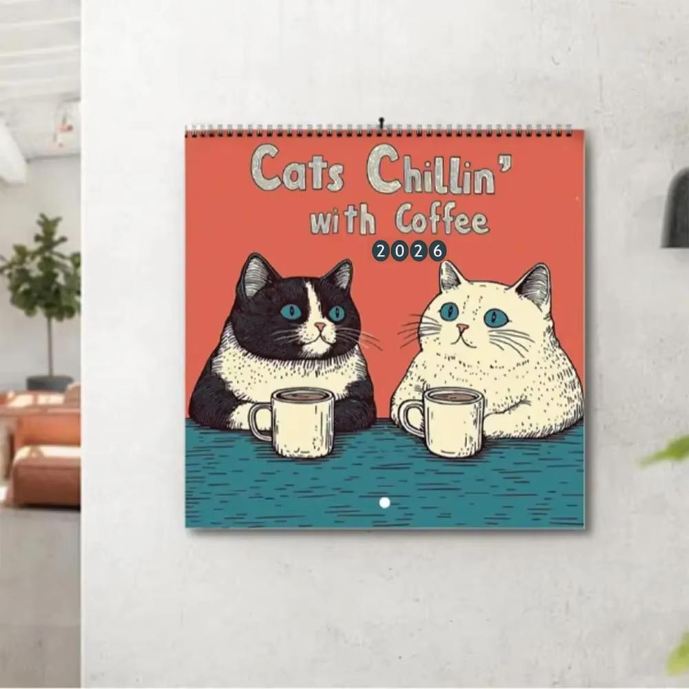2026 Cats Chillin with Coffe Wall Calendar Hangable Family Schedule Planner Organizer Calendar for Bedroom Home Office Decor