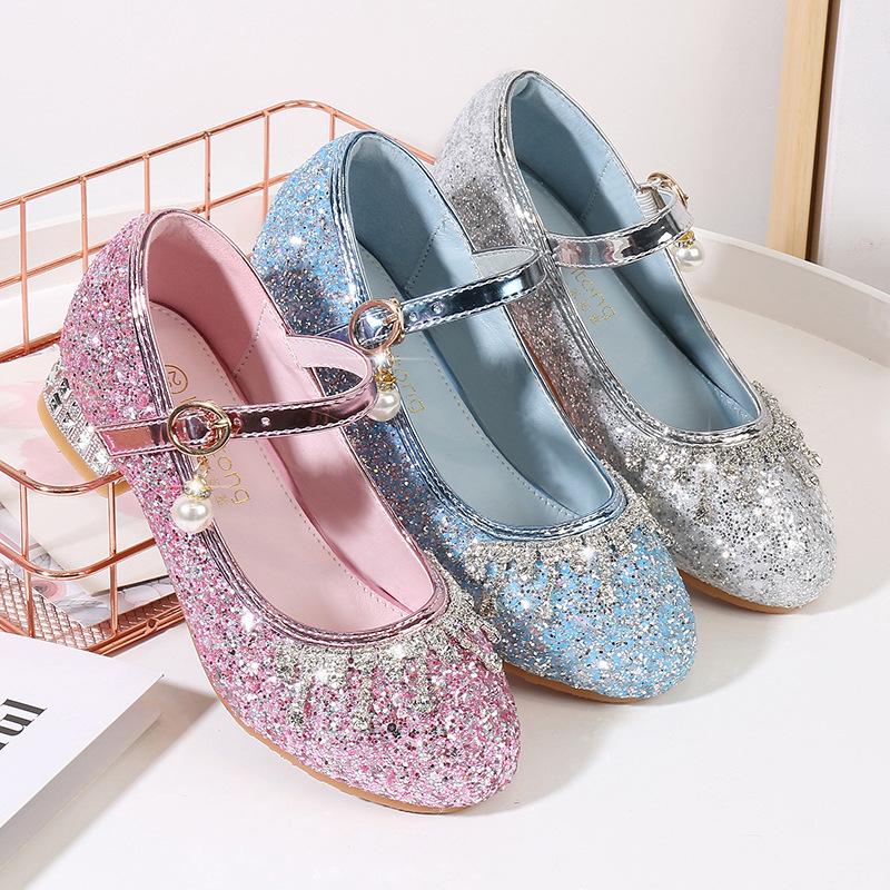 Princess Girls' Sequined High Heels - Soft, Non-Slip Leather Shoes for Spring and Autumn
