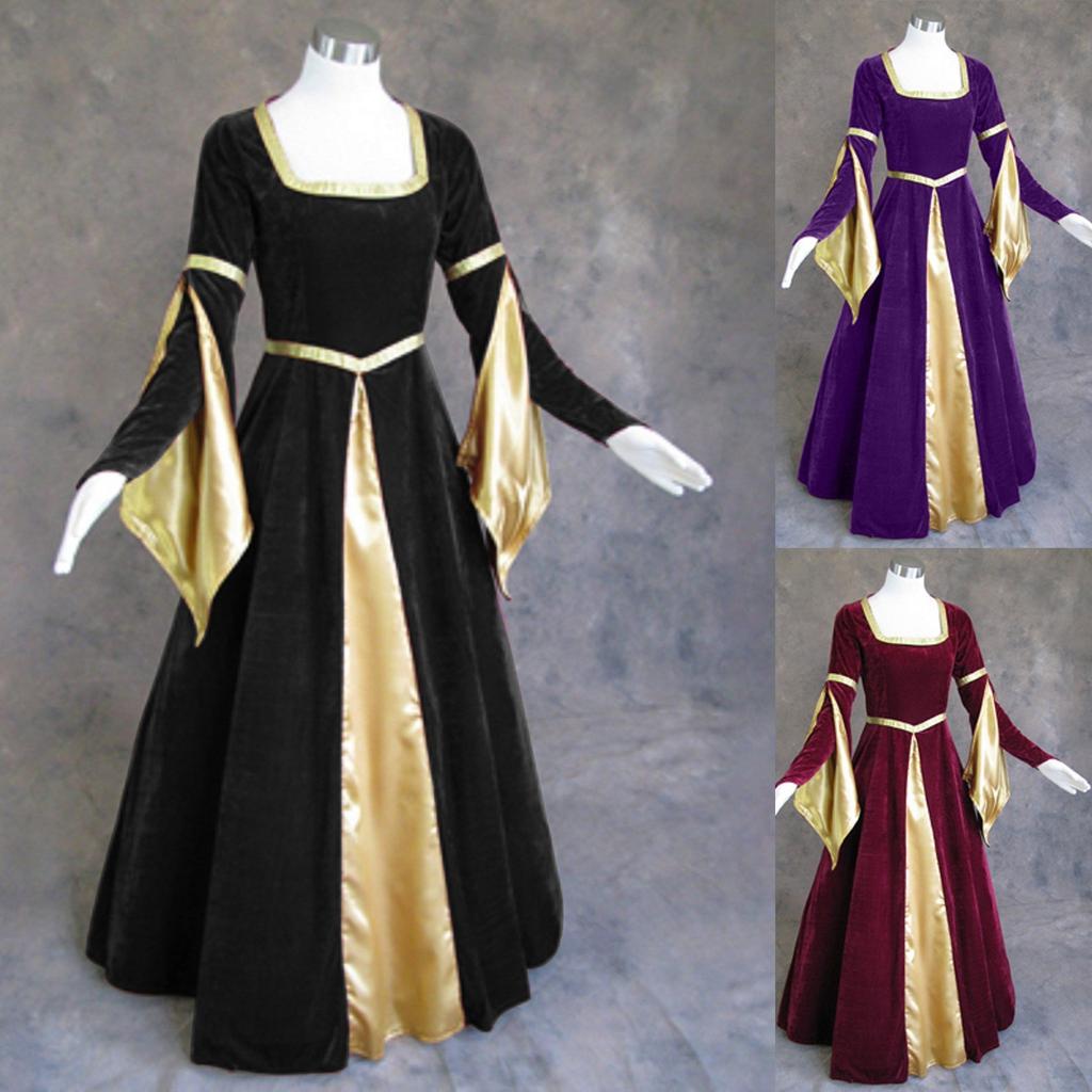 Women's Halloween Fashion Gold Velvet Vintage Leaf Sleeves Long Swing Dress