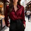 Women Shirt Lapel Long Sleeve Single Breasted Shirt Tops Smooth Fabric Satin Office Lady Shirt Versatile Autumn Wear