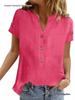 Women's Summer Retro Patchwork Cotton Linen V-Neck Button Short Sleeve Top