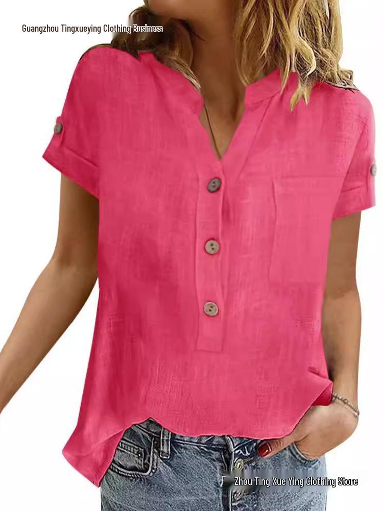 Women's Summer Retro Patchwork Cotton Linen V-Neck Button Short Sleeve Top