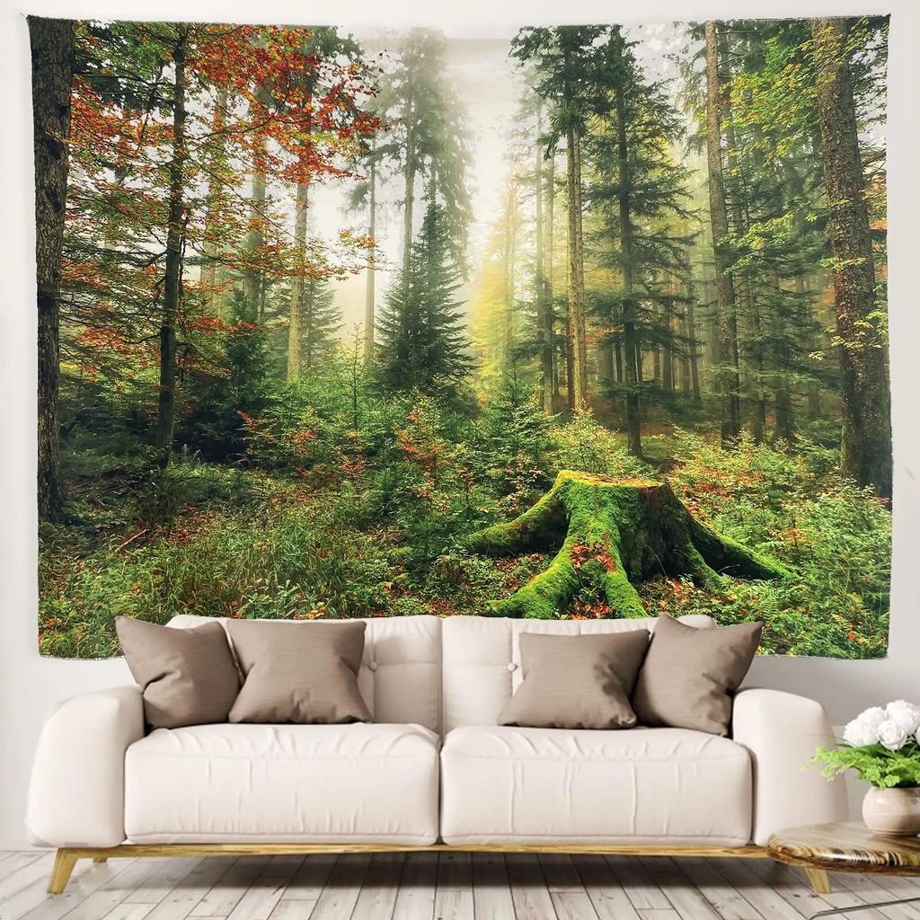 Fantasy Forest Landscape Tapestry Flowers and Plants Misty Tree Hole Tapestry Wall Art Hanging Cloth Room Home Decoration