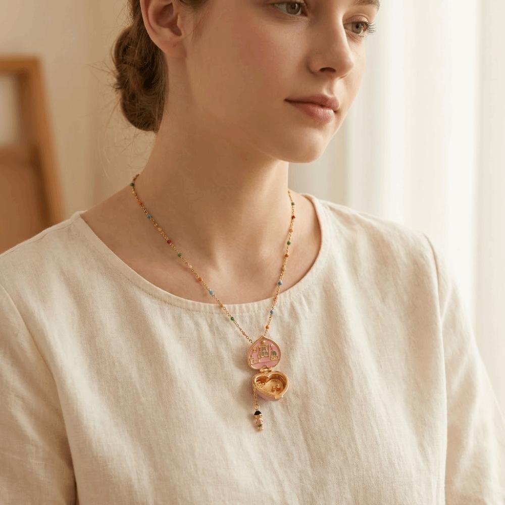 Alloy Opening Closing Phase Box Necklace Cute Pink Gold Color Pendant Choker Unique Whimsical Pentagram Heart Ring