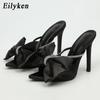 Модные Eilyken Шелковые КРИСТАЛЛЫ Бант Мюли Туфли на высоком каблуке Шлепанцы Сандалии Острый носок Ремешки Слайды Вечеринка Женская обувь