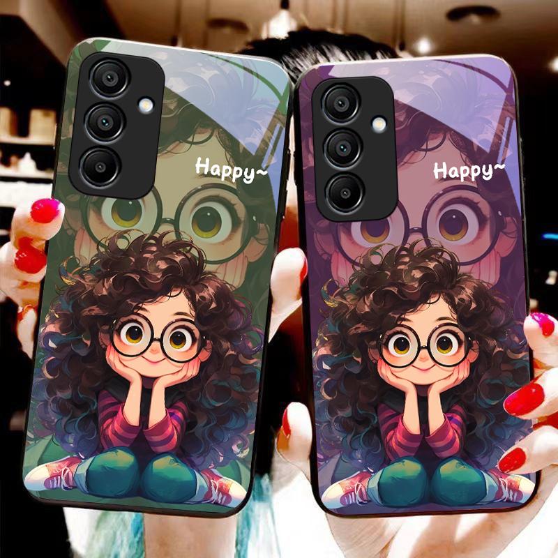 Чехол для телефона из черного закаленного стекла для Samsung Galaxy A15 5G 54 4G 51 50 24 35 90 71 12 51 53 52S 80 22 34 с изображением кудрявой девушки