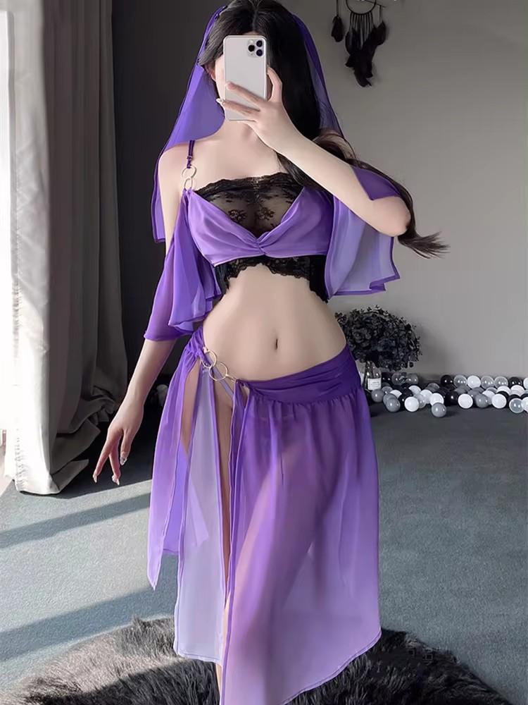 Сексуальный комплект Hanfu (топ и юбка) для леди, традиционный китайский костюм, костюм феи для косплея, фиолетовый, прозрачное кружевное платье-нижнее белье, новый