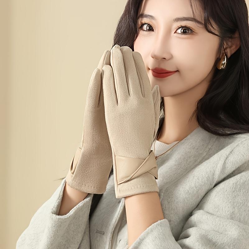 2 шт. Женские зимние перчатки с сенсорным экраном - Элегантная коричневая ПУ кожа с серыми акцентами, теплая флисовая подкладка, ветронепроницаемые для велоспорта и активного отдыха