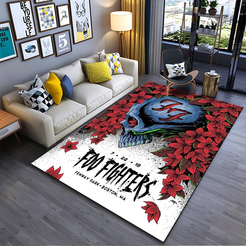 Rock Band Area Rug, Foo Fighters Fenway Park Boston Skull Red Flowers Concert Poster Print, Rock Music Decor, Non-Slip Mat