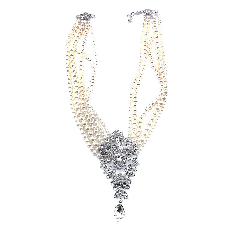 Multi-Layer Pearl Crystal Gemstone Water Drop Pendant Short Collarbone Necklace Fashionable And Exaggerated